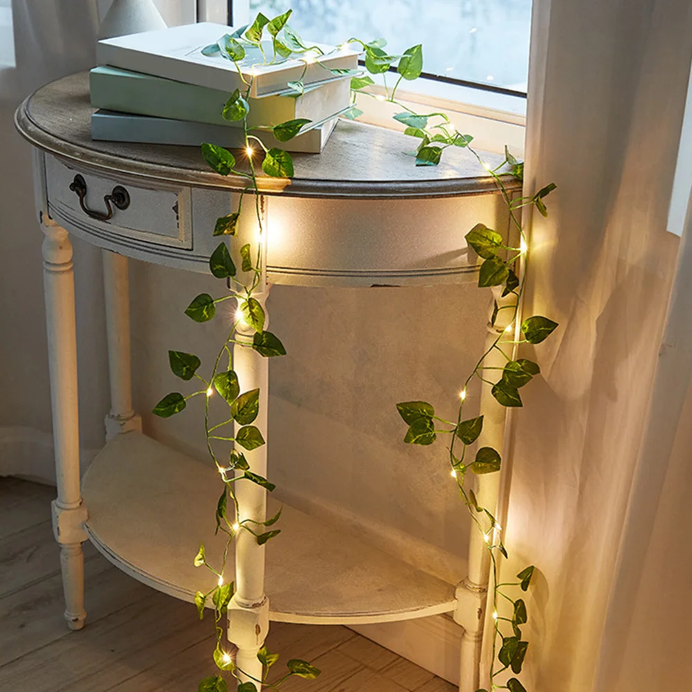 Green Leaf String Lights Artificial Vine Fairy Lights Battery Powered Christmas Tree Garland Light for Weeding Home Decor