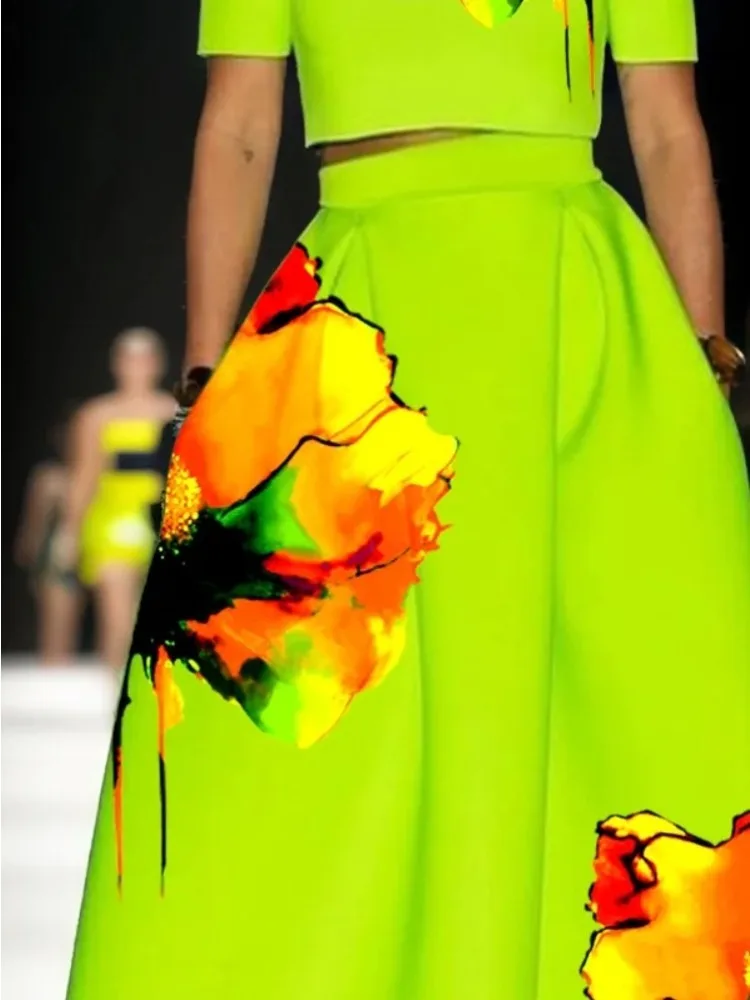 Beautyblue Franse elegante groene paraplurok Mode lange rokken voor dames Elegante bloemenprint Casual zakkenbodems Dames