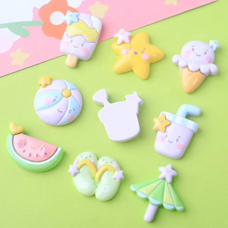 100pcs New Cute Resin Mini Ocean Beach Umbrella Slipper Juice Flatback Scrapbook Kawaii DIY Embellishments Accessories