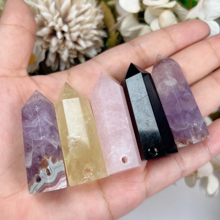 4-5cmDrilled Hole Hexagonal Point Wand Natural Stone Quartz Column Pendant Energy Healing Crystal Crafts Making Jewelry Necklace