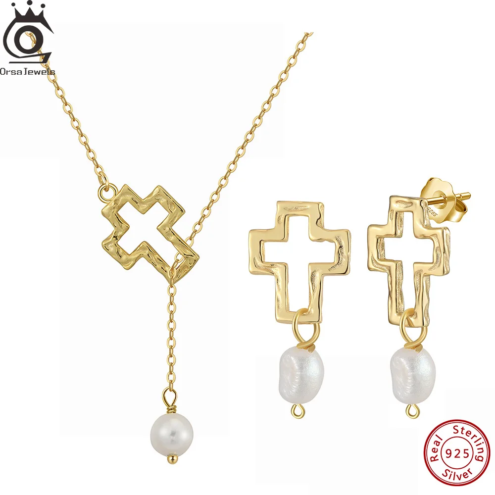 

ORSA JEWELS Trendy Cross 925 Sterling Silver Jewelry Set Pendant Necklace Drop Earrings with Freshwater Baroque Pearl Gift GPN76