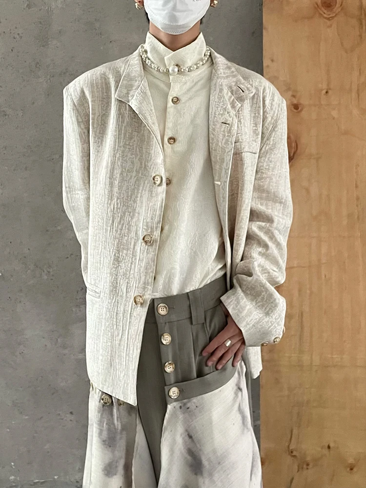 New Chinese Wasteland Style Stand Collar Linen Embroidered Suit Jacket Retro Currency Pattern Men's Casual Fashion Coat