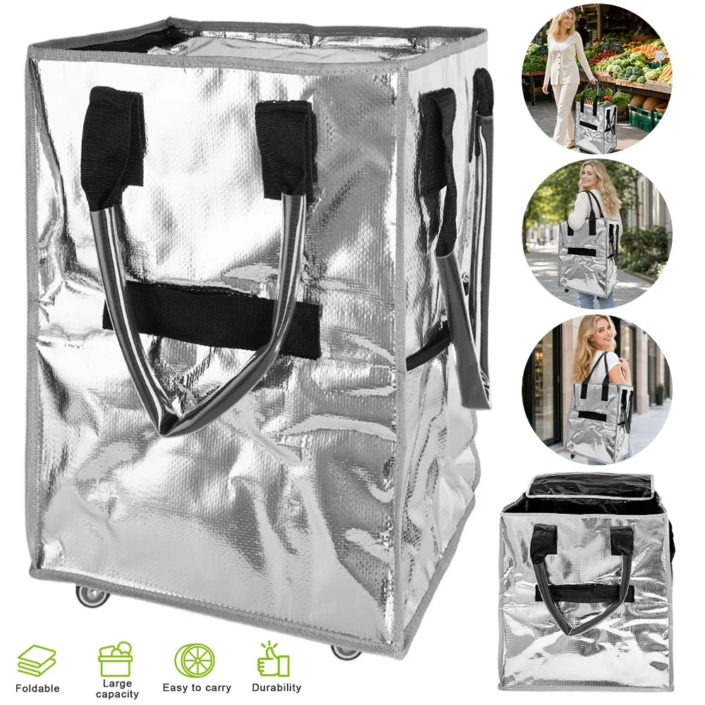 Borsa pieghevole da 10 litri per la spesa, carrello a mano pieghevole color argento, borsa termica per la spesa con ruote inferiori, design a scatola verticale, tasche laterali in rete, carrelli a
