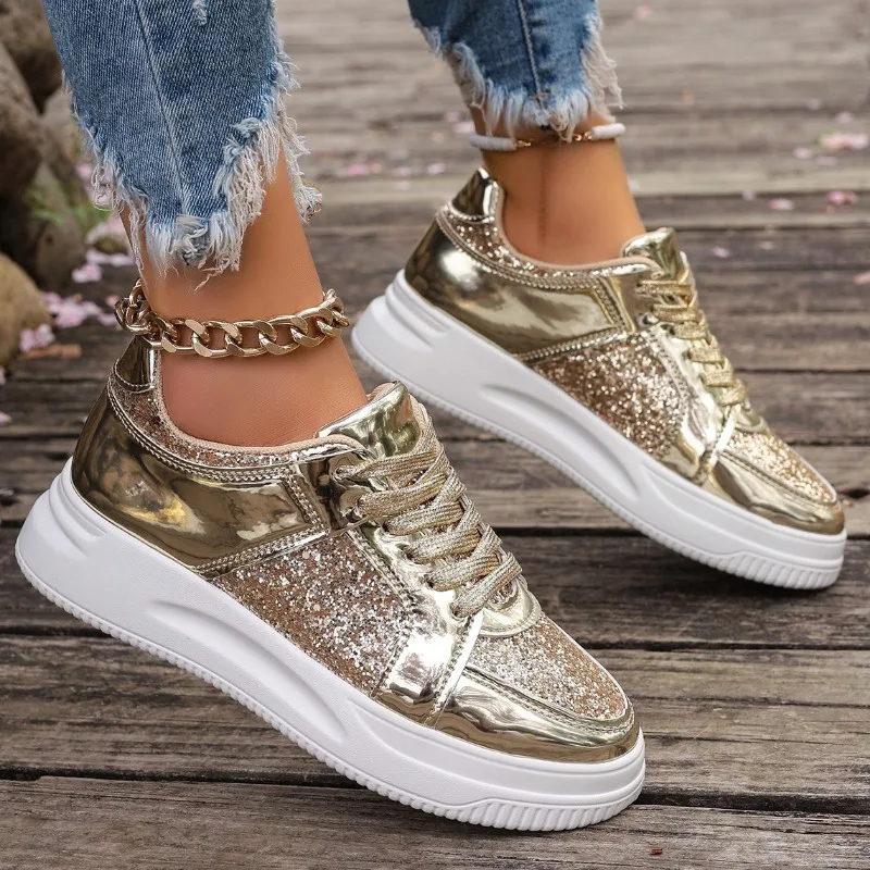 Sapatos com cadarço vulcanizado dourado para mulheres e homens, tênis casual de caminhada, sapatos confortáveis para amantes da moda, primavera, 2022