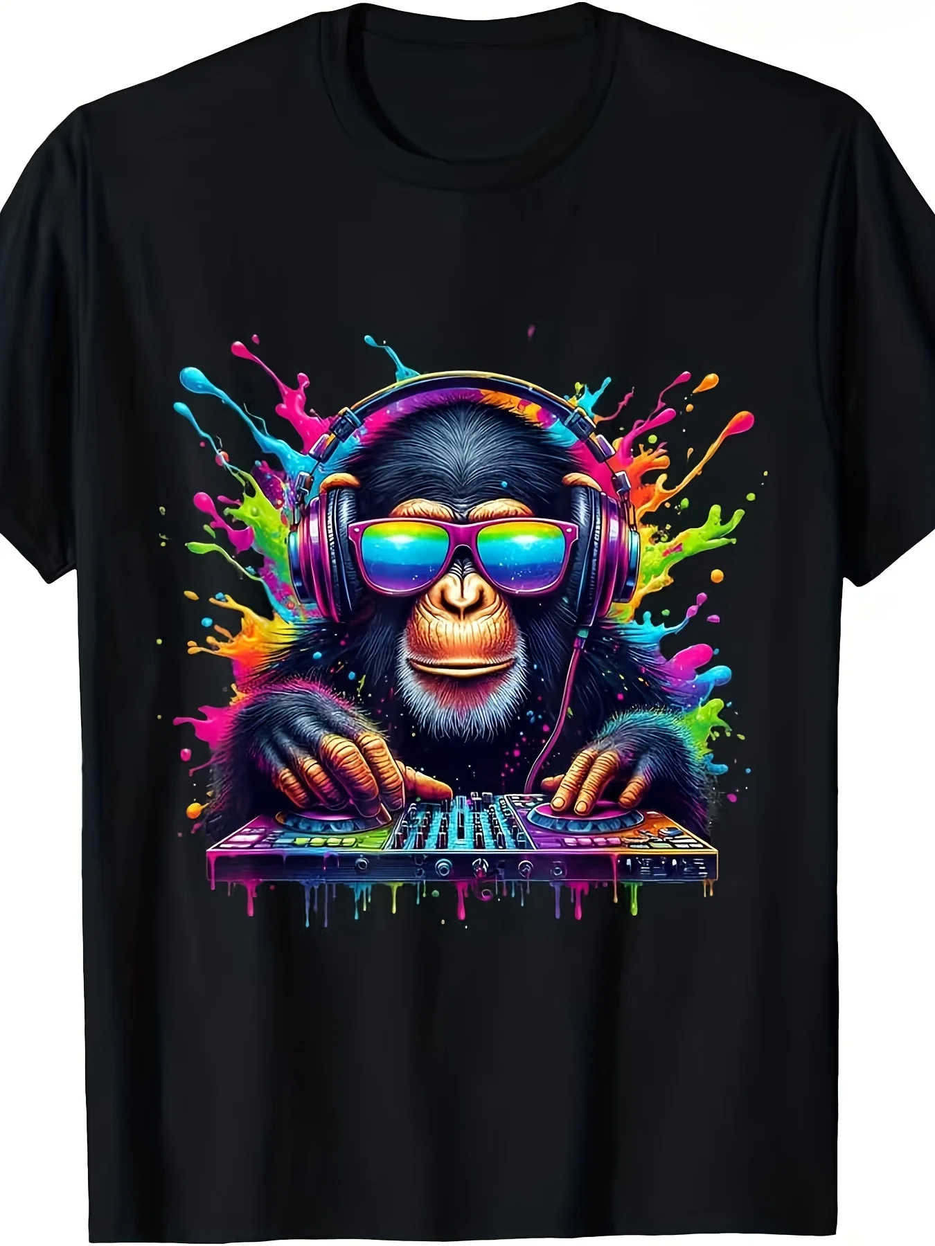 T-shirt unisexe pour festival de musique DJ Neon Monkey Rave - Base noire avec éclaboussures d'encre néon vert/rose/bleu/violet P