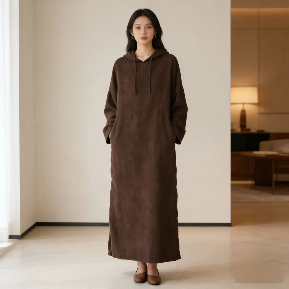 

Corduroy Modest Closed Plain Long Sleeve Abaya Long Dress Kaftan Islamic Eid Ramadan Clothes Dresses Long Robe Female Vestidos