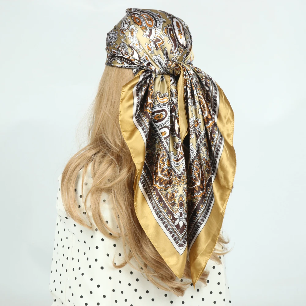 Vintage Gold Paisley Silk Head/Hair Scarf Women Fashion Band Ties Hand Kerchief Foulard Femme Luxe Marque Hijab 90X90CM