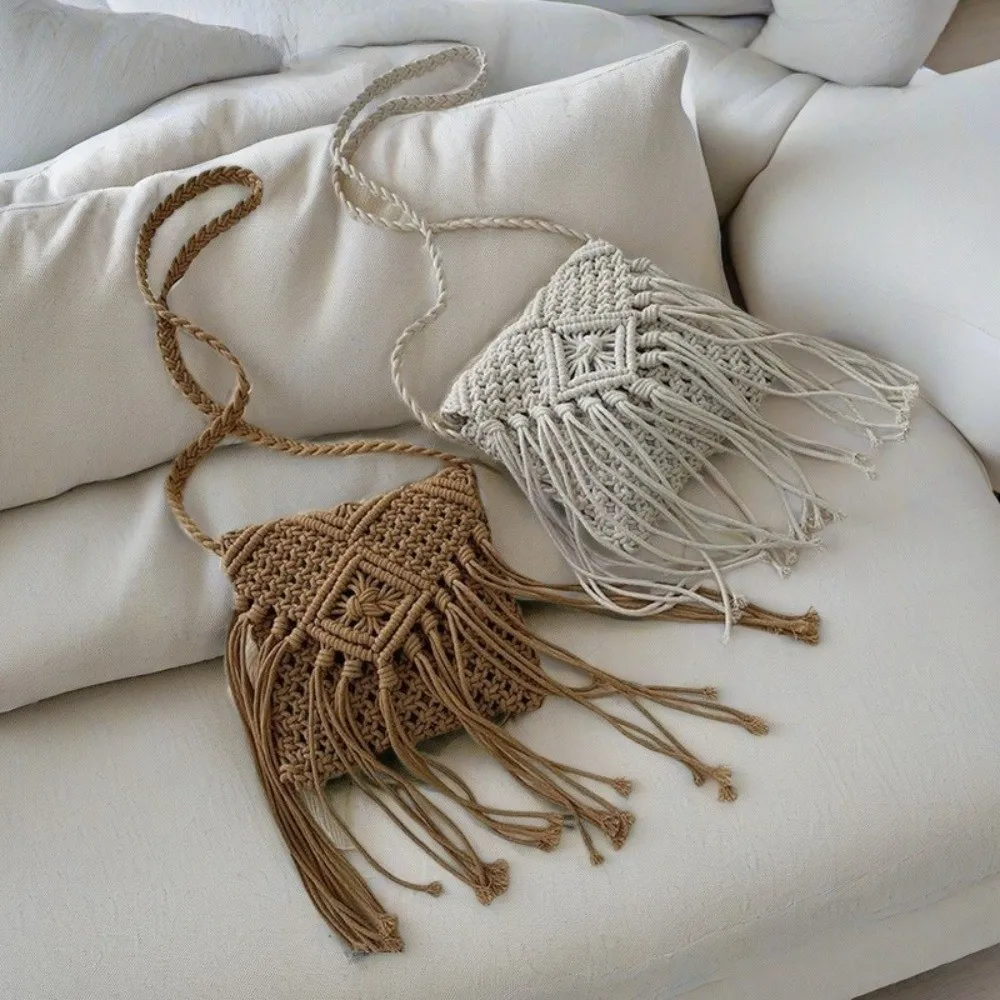

Retro Ethnic Style Woven Straw Bag Bohemian Style Solid Color Tassel Shoulder Bag Fringe Coin Purse Women Crossbody Bag Beach