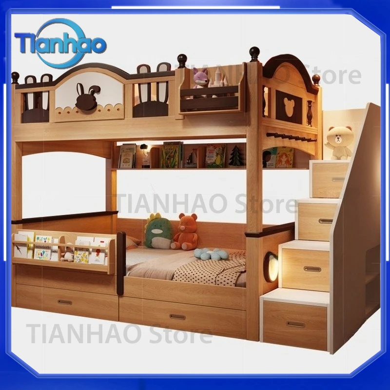 Solid Wood Tree House Bed for Children Bunk Bed with Independent Sleeping Spaces High Low Upper and Lower Beds for Small
