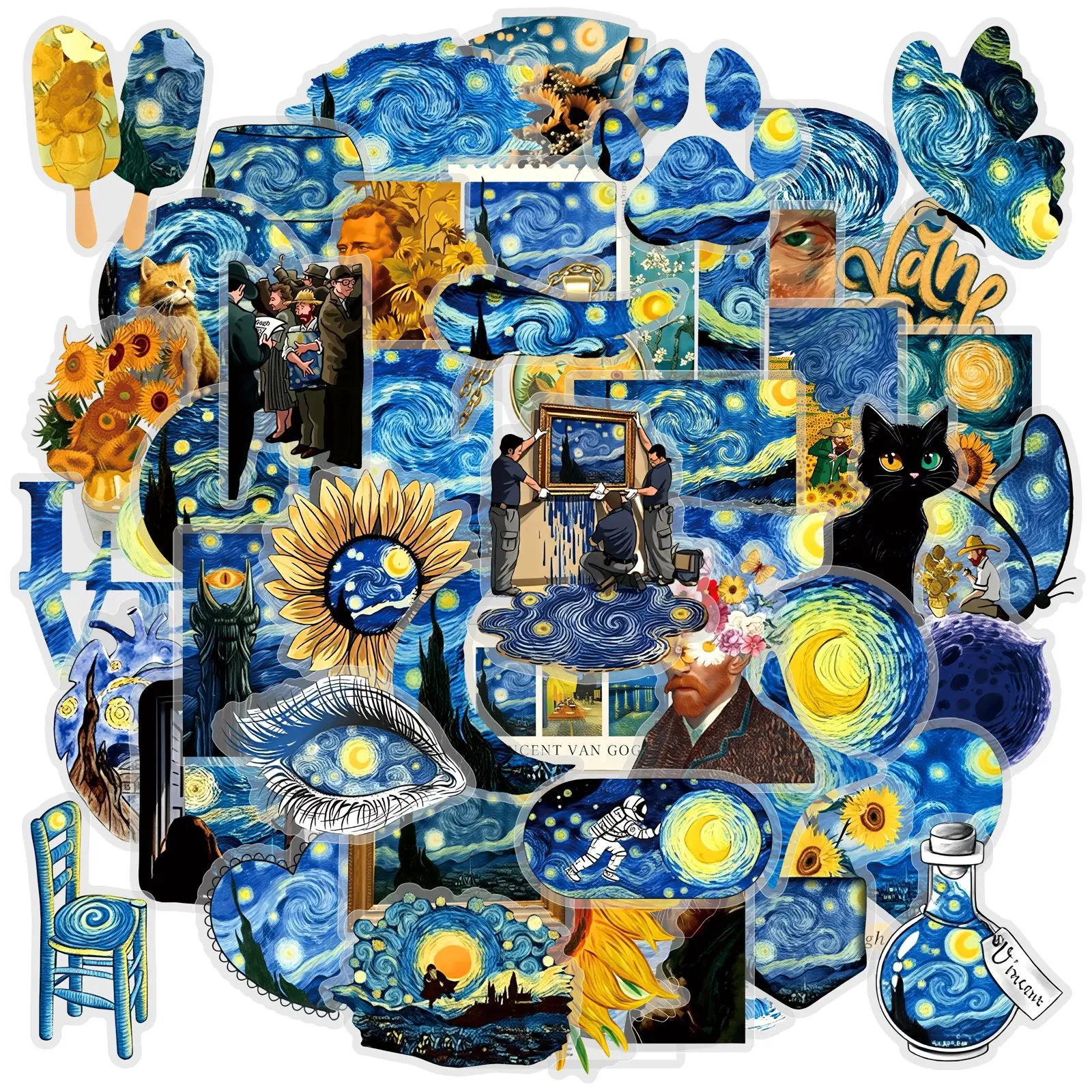 50PCS Oil Painting Van Gogh Starry Sky Graffiti Stickers Nordic Ins Creative DIY Toys for Bottle Travel Bag Aesthetic Decals