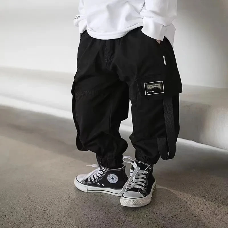 Boys Pant Autumn Winter Casual Clothes Fashion Loose Sports Spliced Appliques Pocket Solid Color Simplicity Korean Cargo Pants