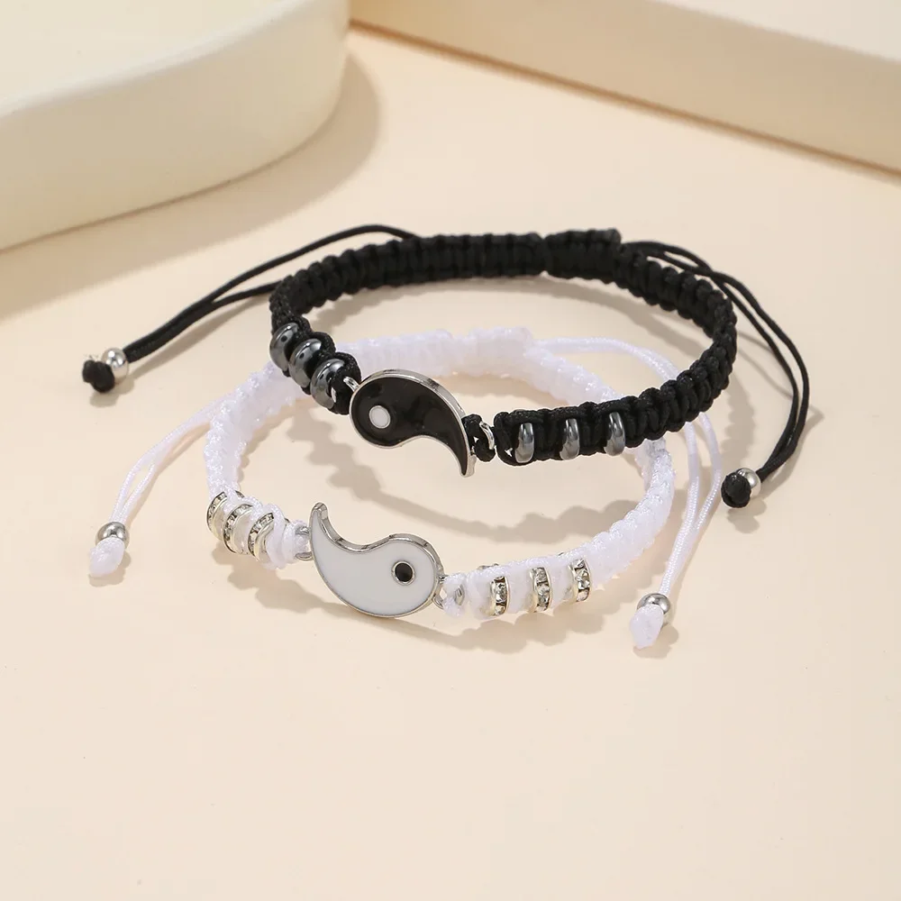 Jewelry Set Tai Chi Couple Bracelet Black White Rope Adjustable Chain Set Simple Style Daily Wear Friendship Jewelry Gift