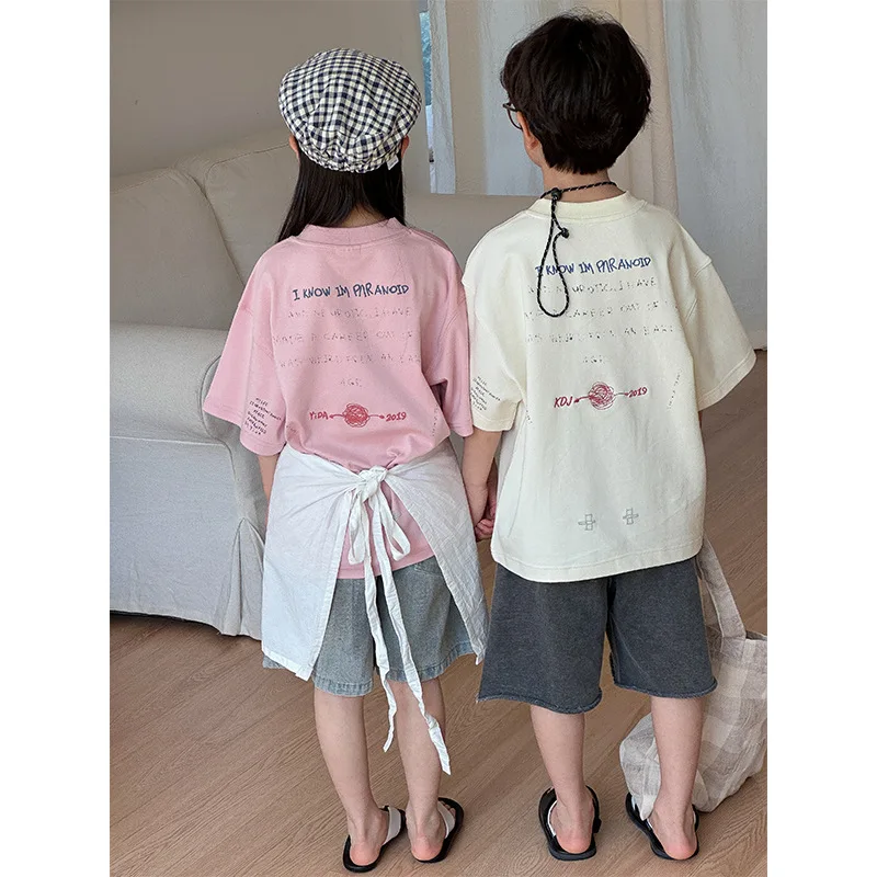 

Kid Shirt Top 2024 Summer New Korean Style Children Letter Short-sleeved Boys and Girls Back Embroidered Pullover T-shirt Tops