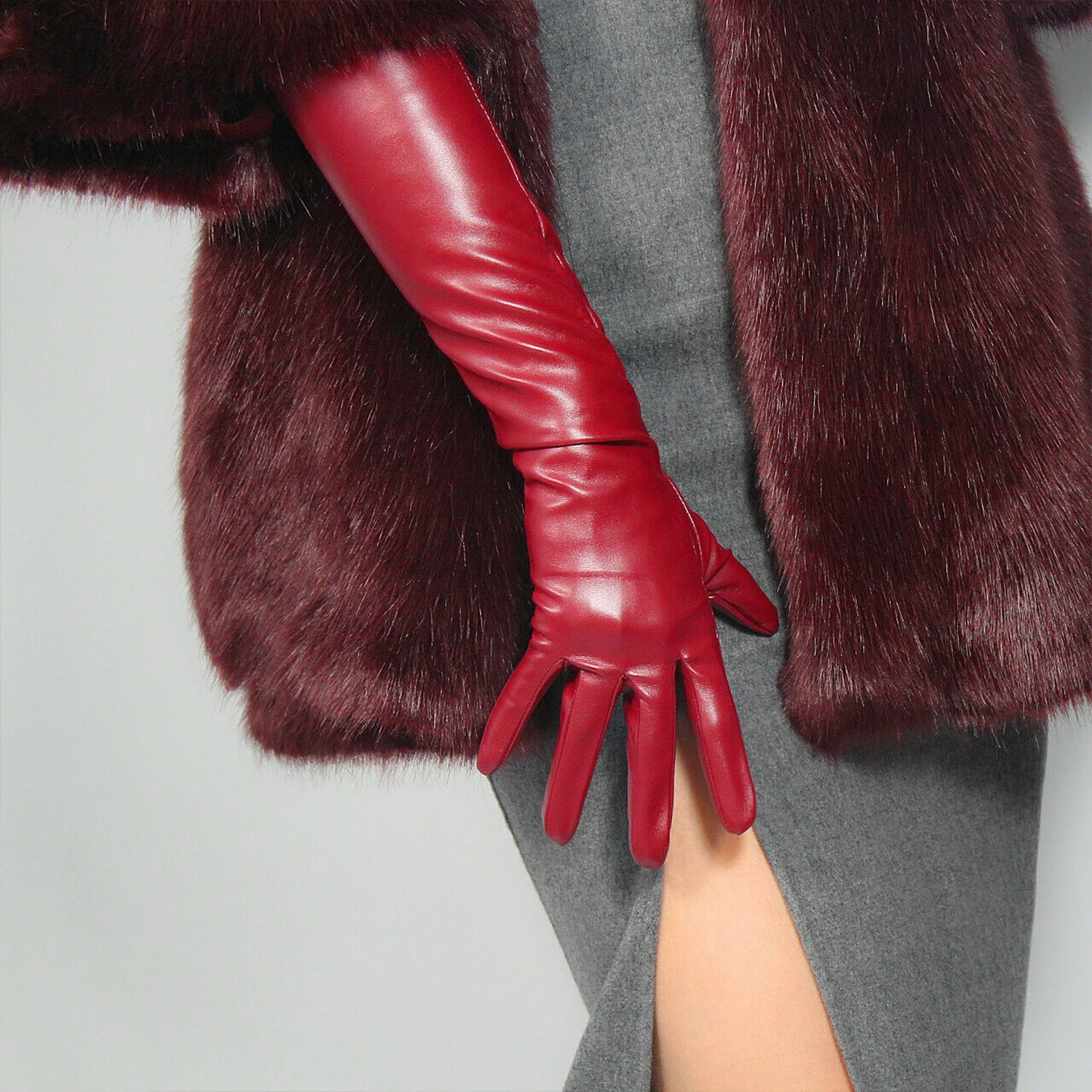 Burgundy GLOVES Faux Leather Elbow Long GLOVES Gothic Events Halloween Party Cosplay Evening Party Stage Performance Opera Glove