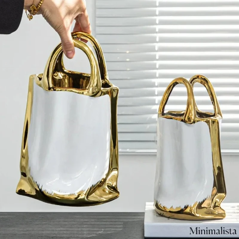 Creative Handbag Shape Vase Gold-plated Ceramic Plant Pot Table Decoration Flower Arrangement Flowers Vases Room Aesthetic Decor