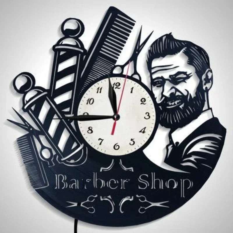 Barber Fashion Art Wall Clock Remote Control LED Night Light Home Decoration Barber Shop Creative Gift Decoration Clock