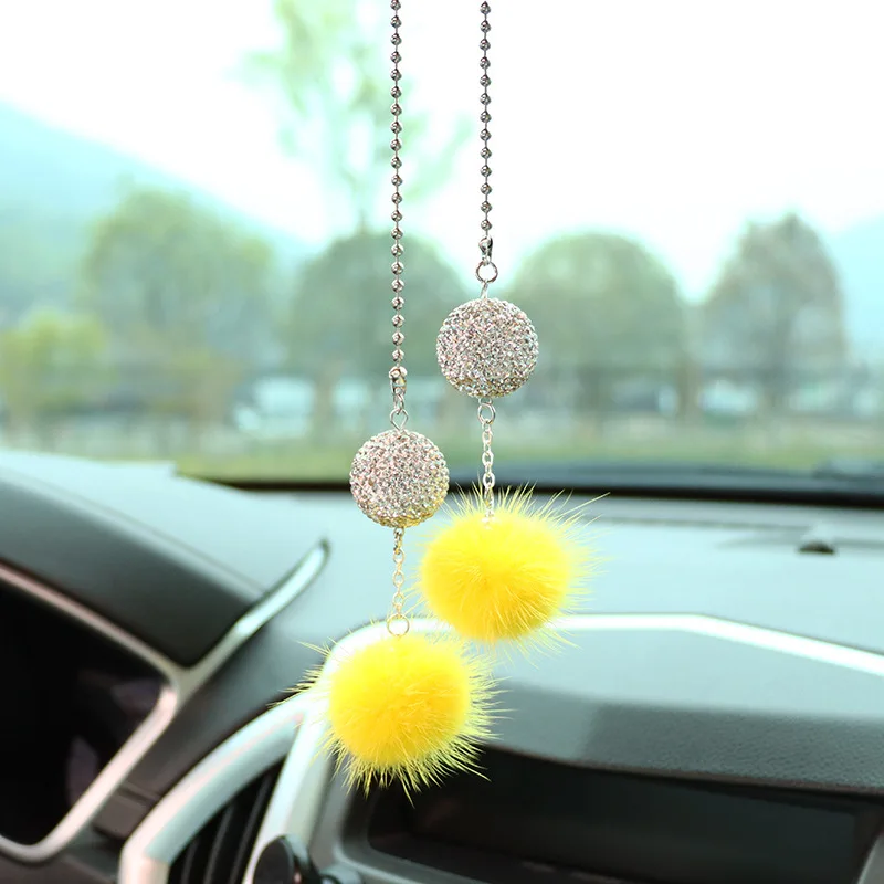 Crystal Diamond Ball Car Rearview Mirror Ornament Mink Ball Car Interior Decoration Interior Accessories Decor Hanging Pendant