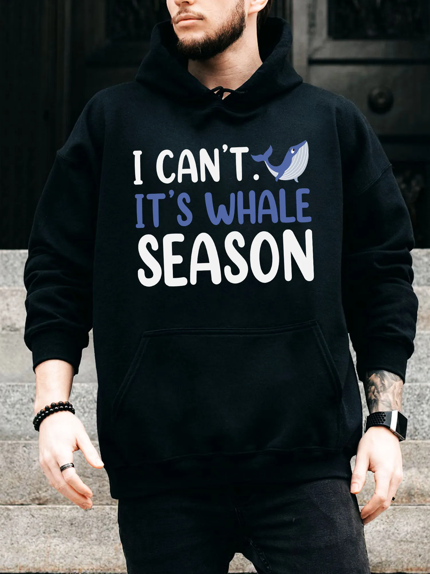 

Мужская толстовка с капюшоном на шнурке It's Whale Season — повседневный удобный черный пуловер, осенне-зимняя толстовка с капюшоном