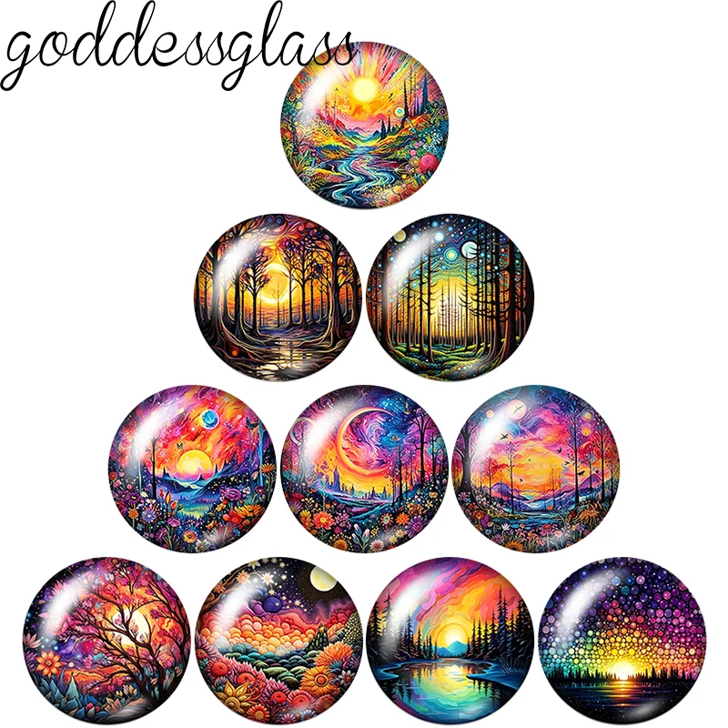 Beauty painting forest Tree sunset Flowers 12mm/18mm/20mm/25mm Round Photo Glass Cabochon Flat Back Making Findings Jewelry