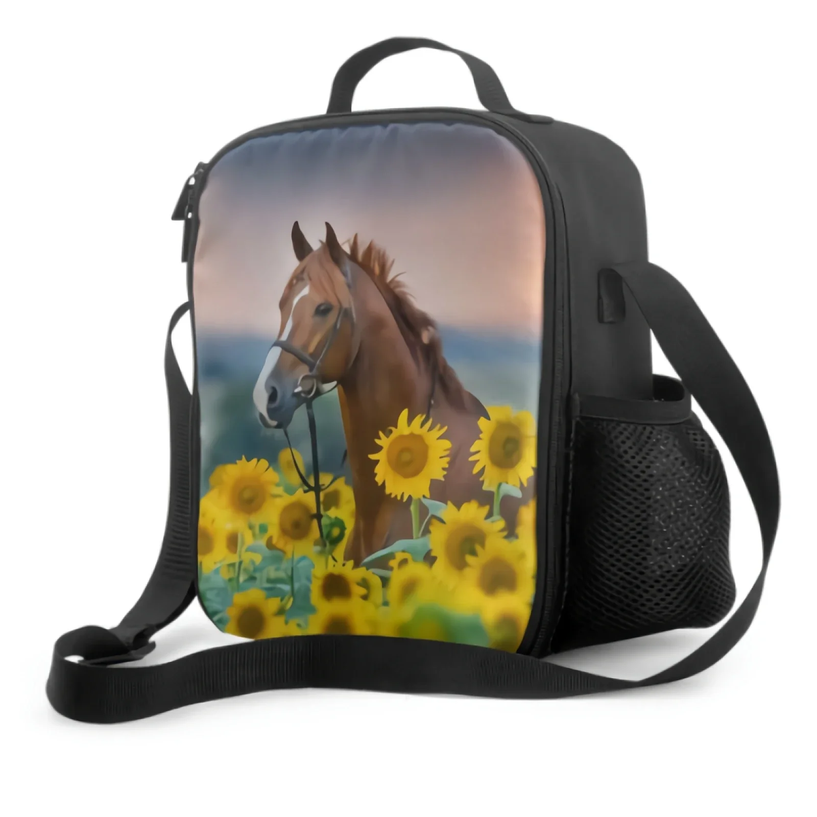 Bridle Portrait In Sunflowers Insulate Thermal Lunch Bags Washable Tote Crossbody Lunch Container Food Carrier for School Travel