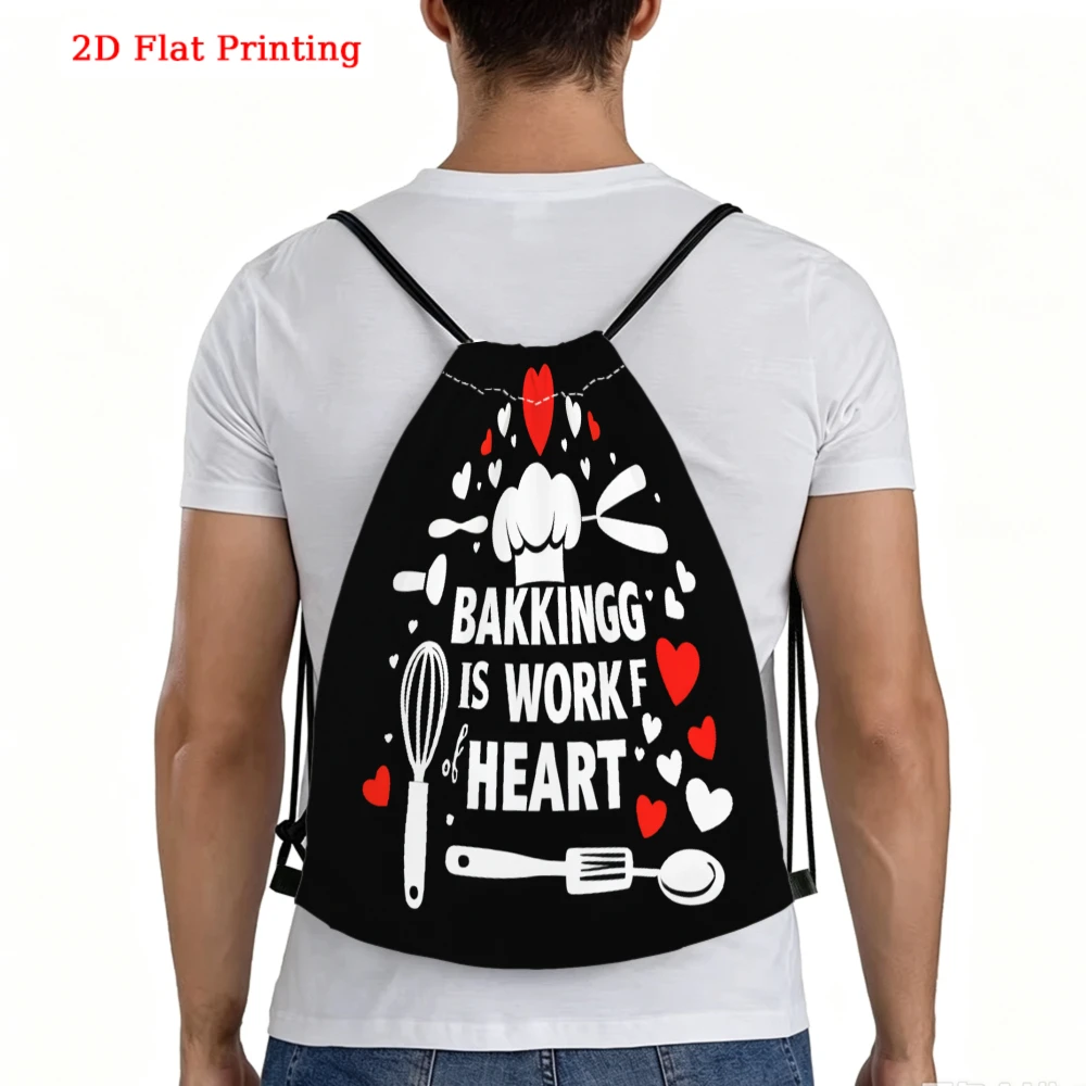 2D Flat Printed Baking Is Work Of Heart Drawstring Backpack for Fitness Sports Outdoor Travel
