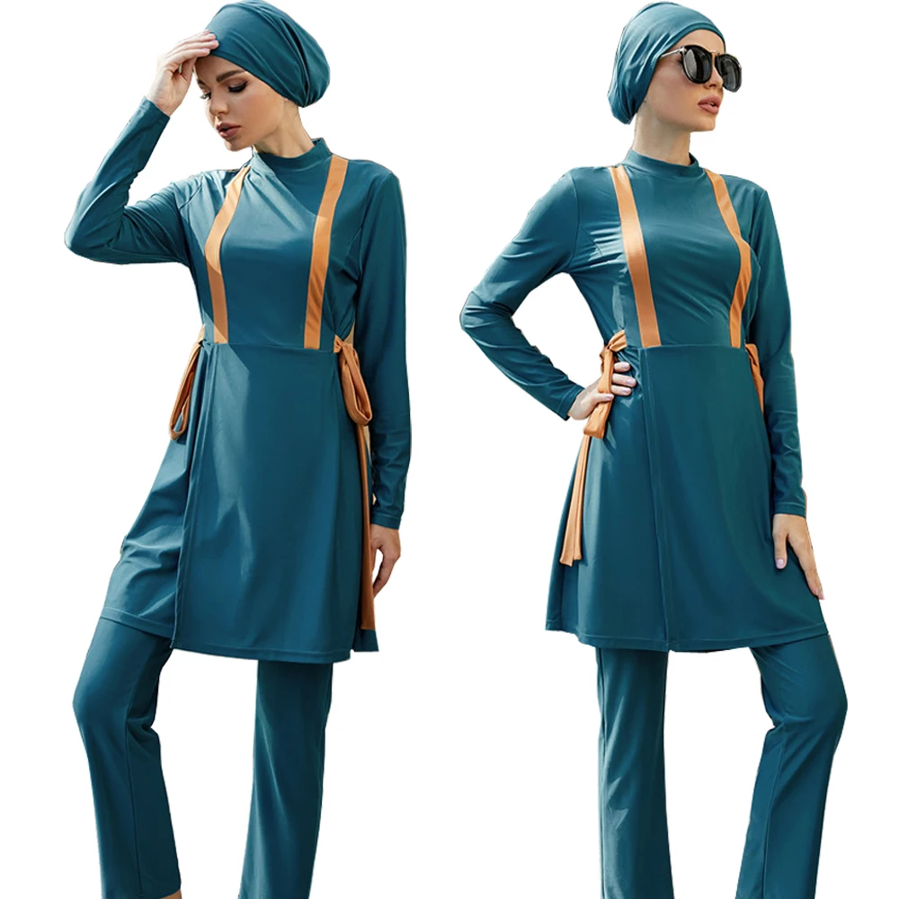 2024 Blue Swimming Suit For Burkini Muslim Fashion Swimwear Women Swimsuit Long Sleeve Arabic Turkey Pakistani Islamic Swim Wear