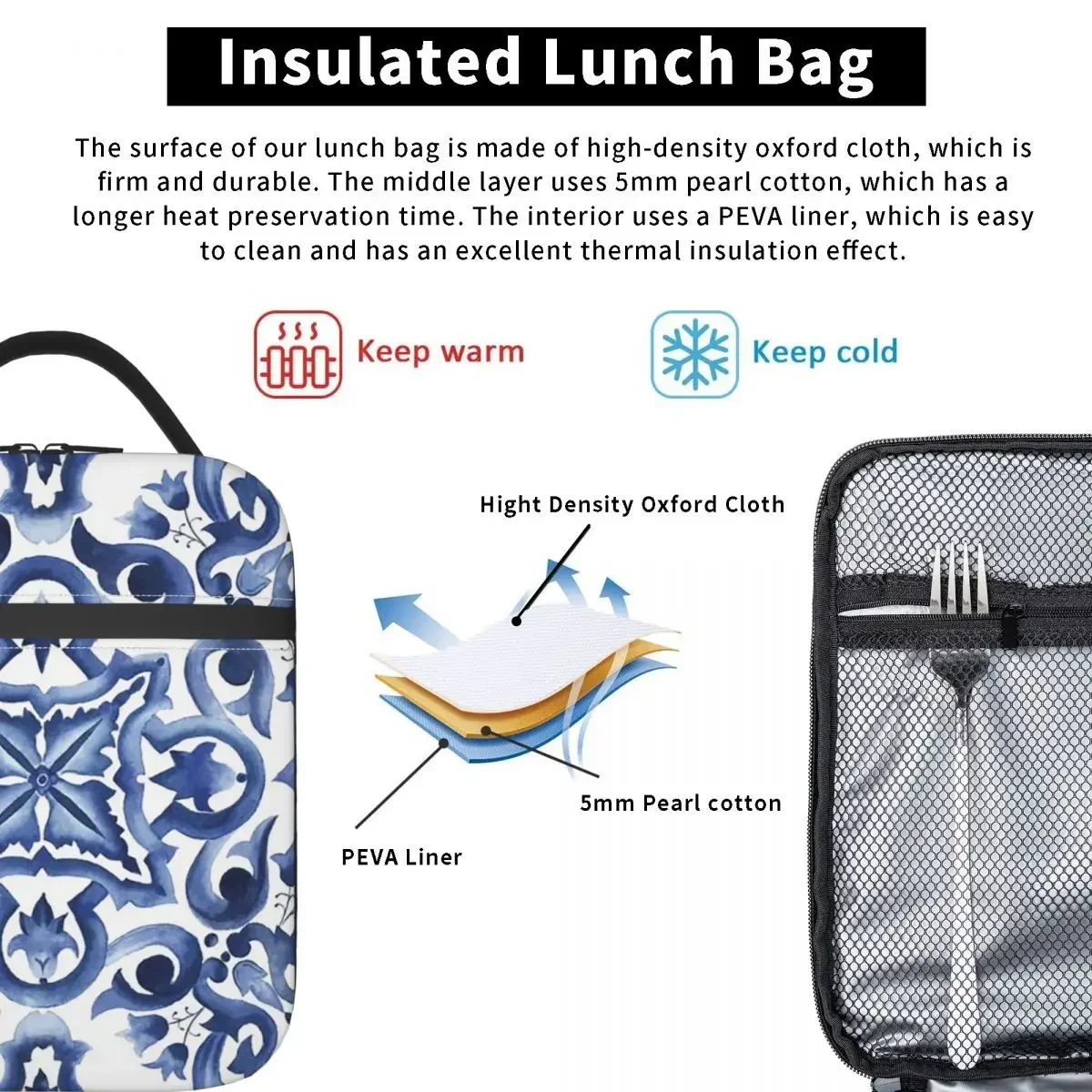 Custom Bag Custom Blue Ornate Floral Mediterranean Sicilian Tile Insulated Lunch Bag For Women Leakproof Food Boxes Thermal Lunc