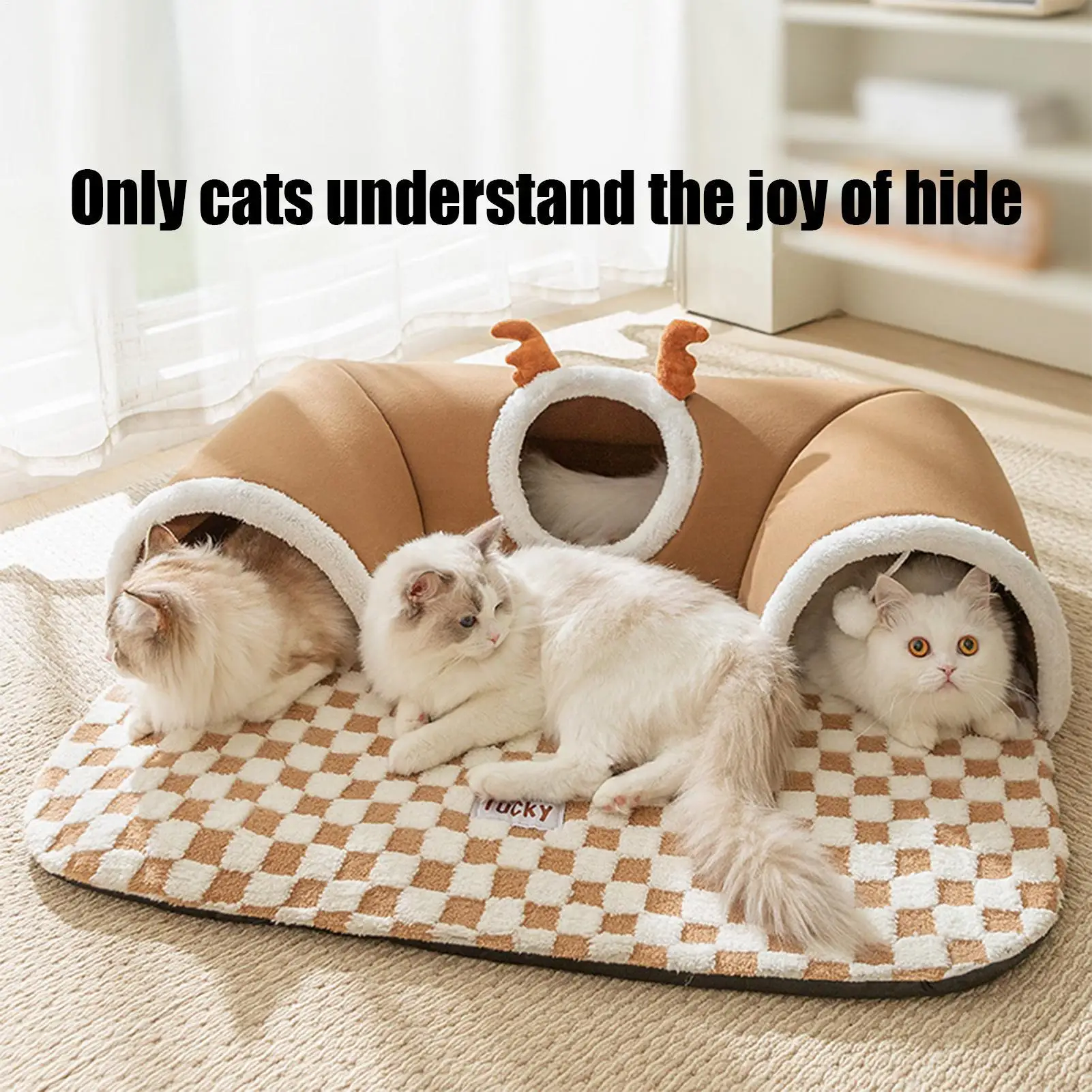 Cama para Gatos y Túnel de Juego, Casa Cálida con Colchoneta de Felpa, Refugio Esquinero Plegable para Interiores, Mueble para Mascotas para Gatitos y Gatos
