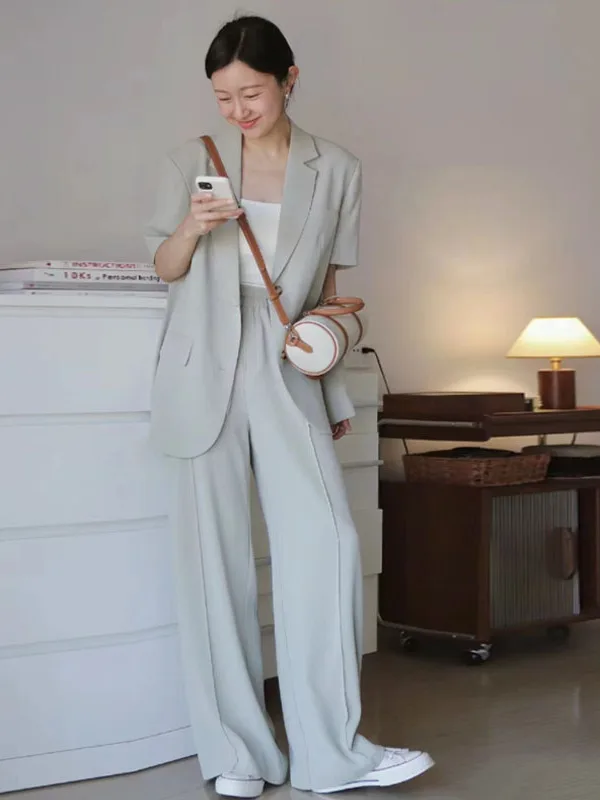 

Summer ort Sve Suit Set Women's Lightweight Casual Commute Two-Piece Set Ele Lady Sle Button-Up Faionable Ensemble