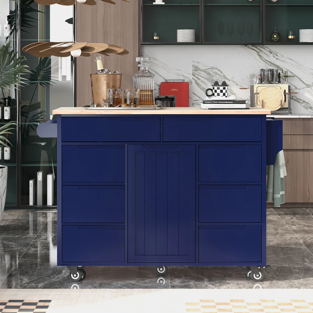 Kitchen Cart with Rubber Wood Countertop,Kitchen Island Has 8 Handle-Free Drawers Kitchen Dinning Room Kitchen Islands Trolleys