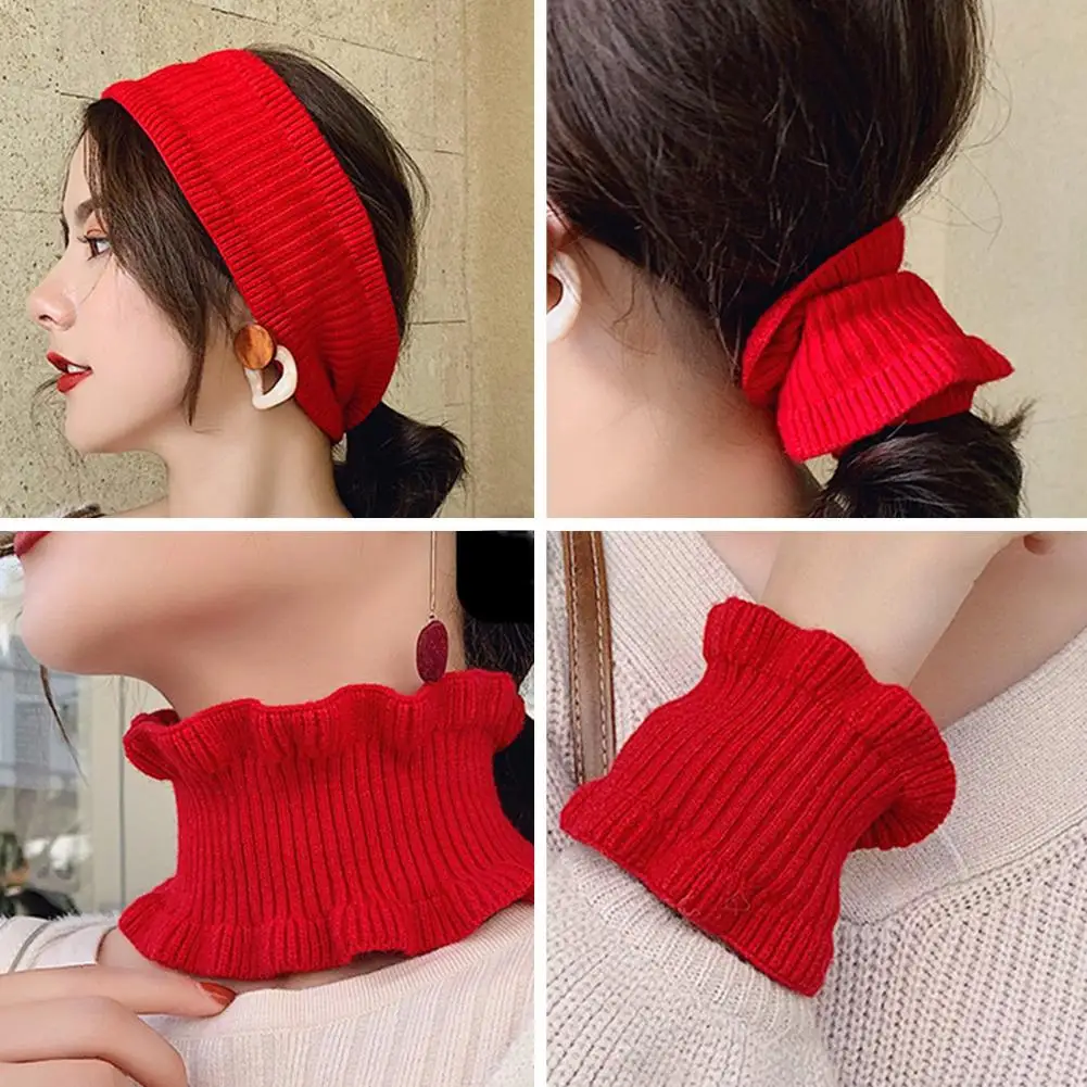 Women Neck Scarf Autumn Winter Knitted Neck Warmer Dual Use Sheer Trim Hair Band High Elastic Lace End Scarf Women Neckerchief