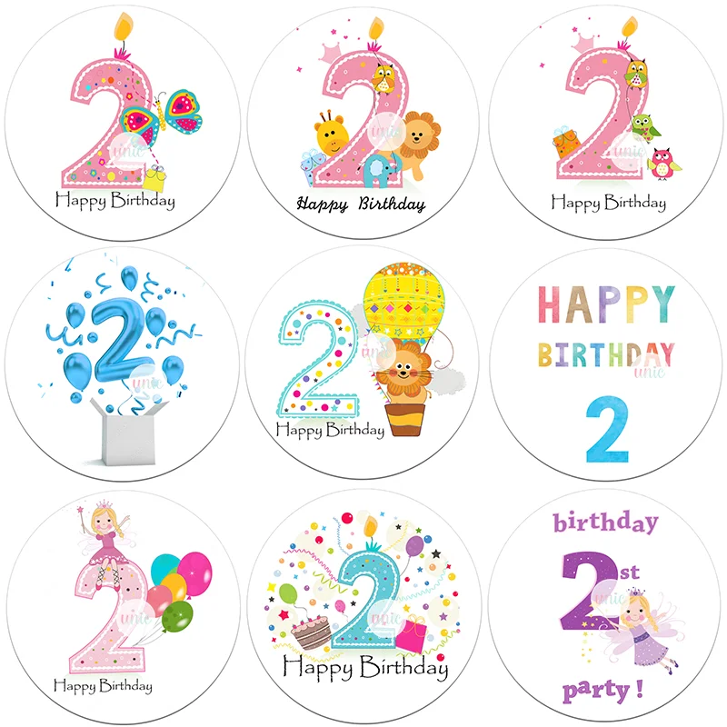 2 Years Boy Girl Birthday Decor Stickers Labels Boy Girls Cumpleaños Anniversary Self-adhesive Kids Party Decor Round Shape