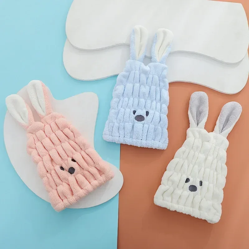 New Coral Plush Cartoon Rabbit Children's Dry Hair Hat Cute Girl Water Absorbing Rabbit Ear Headband Bath