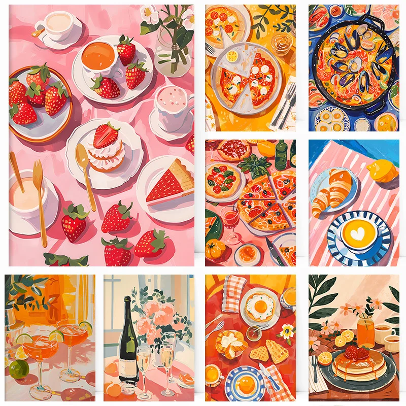 Póster de comida para desayuno, Paella, mariscos, fresa, café, Croissant, Pizza, imágenes artísticas de pared impresas, pintura en lienzo, decoración del hogar para habitación