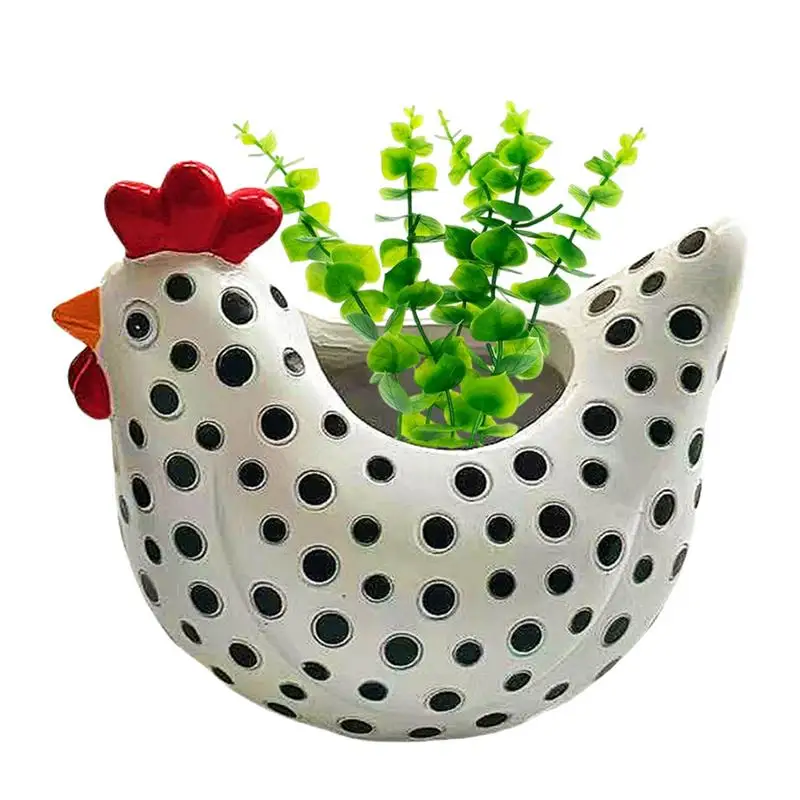 Animal Planter Resin Flower Succulent Pot Chicken Ornaments Yard Art Free Range Black And White Chickens Rooster Utensil Holder