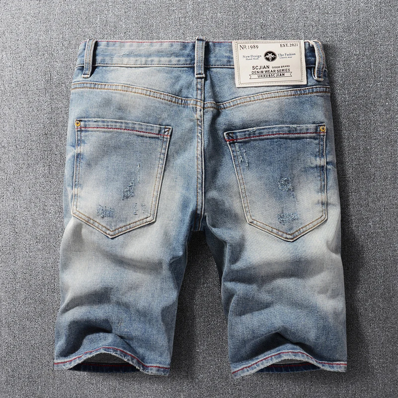 Fashion Summer Designer Men Jeans Retro Light Blue Elastic Embroidery Vintage Ripped Short Jeans Homme Hip Hop Denim Shorts Men