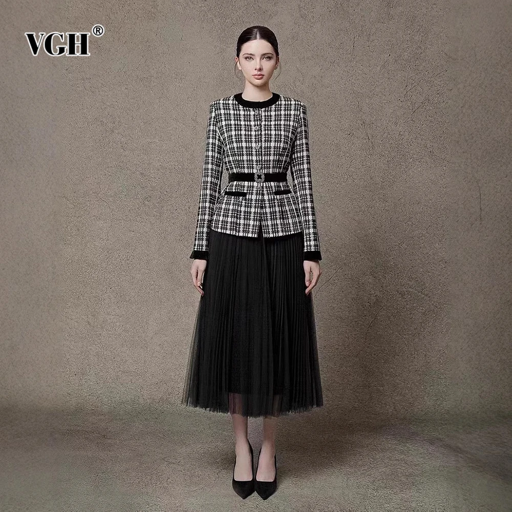 

VGH Temperament Slimming Two Piece Sets For Women Round Neck Long Sleeve Top High Waist Elegant Autumn Set Female Fashion New