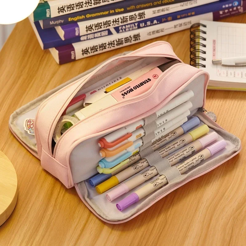 Double Side Macaron Color Canvas Pen Bag Storage Pouch Large Capacity Stationery for Junior High School Students