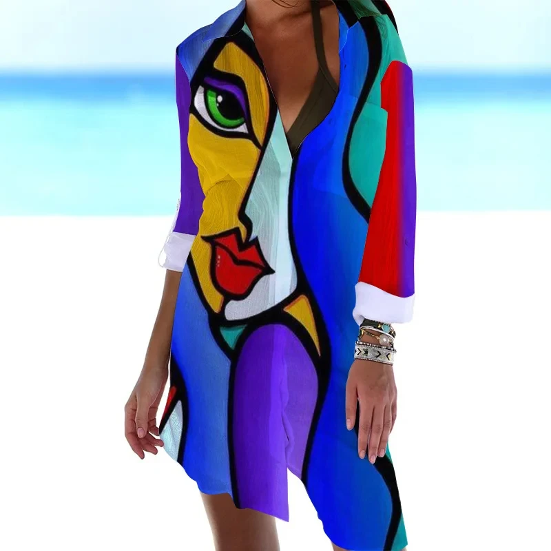 

Summer New 3D Hawaii Abstract Portrait Printed Shirt Dress Beach Sexy Shirt Coat Shirt Long sleeved Women's Dress Vestidos Traf