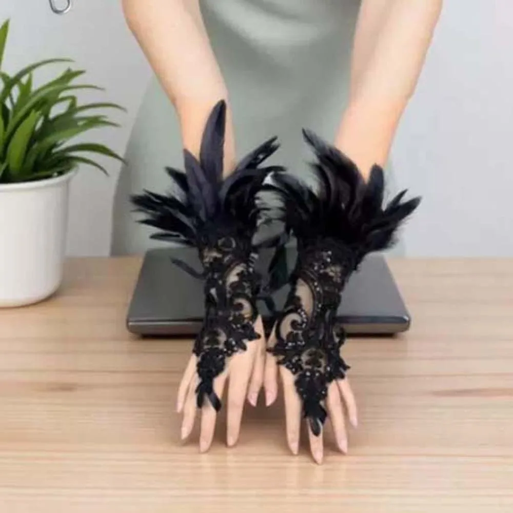 

Retro Halloween Feather Gloves Embroidery Gothic Sequins Feather Lace Gloves Wristband Cuffs Women Halloween Arm Sleeves