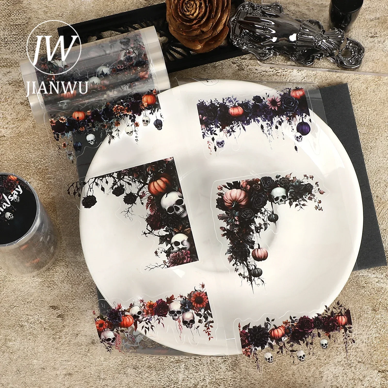 JIANWU 80mm*209cm Vintage Flower Skull Border Landscape Material Collage Scrapbooking PET Tape Creative Journal Stationery