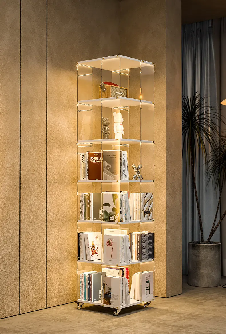 Primary color acrylic rotating bookshelf Multi-layer movable figure display cabinet Floor-to-ceiling bookcase Living room study