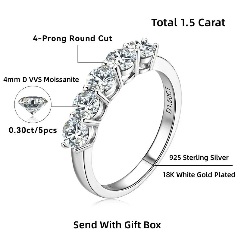 NKHOG 4MM 5 Stones Moissanite Ring For Women 925 Sterling Silver Plated 18K White Gold Wedding Band Rings Pass Diamond Test GRA