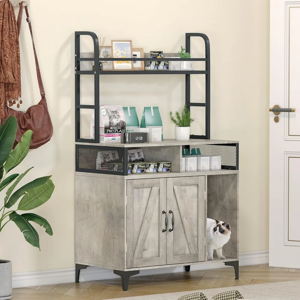 

Cat Litter Box Enclosure with Shelves&Open Drawer, Hidden Litter Box Cabinet with Privacy Cabinet&Dividers, Storage