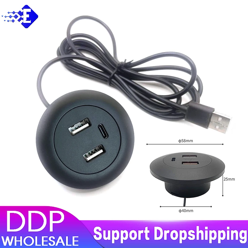 Desktop Hole Embedded 5V2A USB To 2USB+type-C Dual Socket Hidden Charging Furniture Office Hidden Furniture Charging Socket