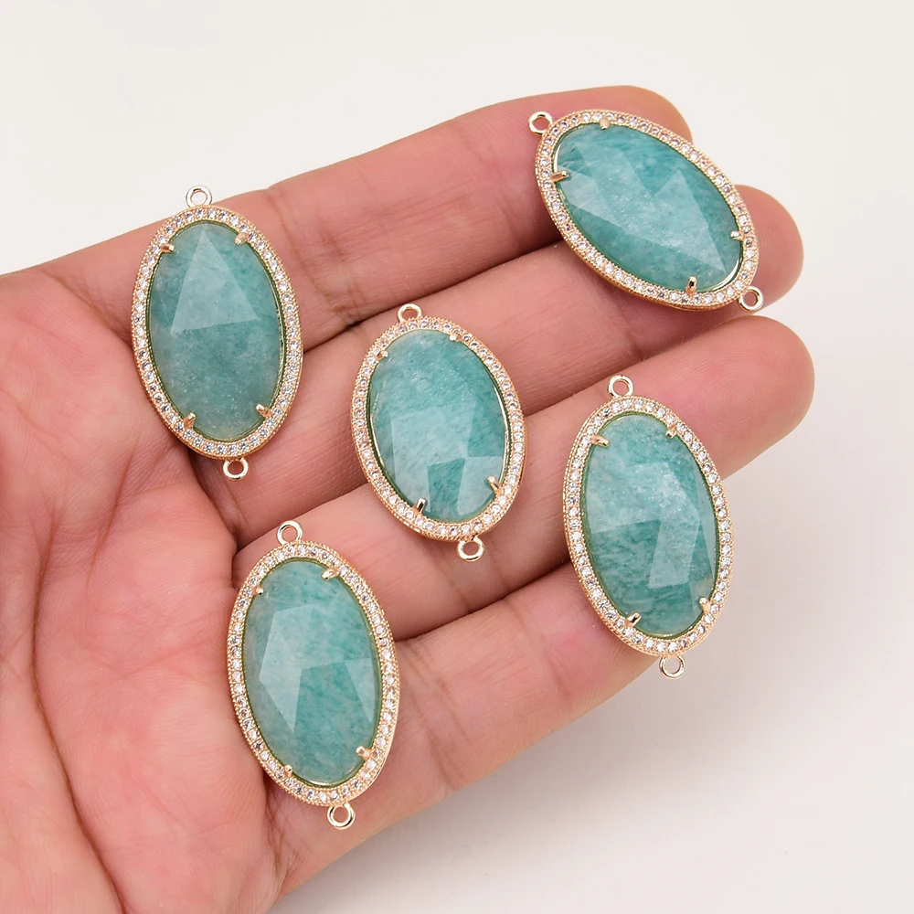 APDGG Wholesale 5 Pcs AA+ Natural Green Amazonite Gems Cubic Zircon CZ Pave Connector Gold Plated Double Ring Jewelry Finding