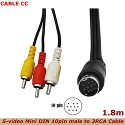 1.8m S-wideo Mini DIN 10-pinowy kabel męski do 3RCA dla telewizorów, monitorów, Audio i wideo H25, C31, C41, C51, C61K i C41