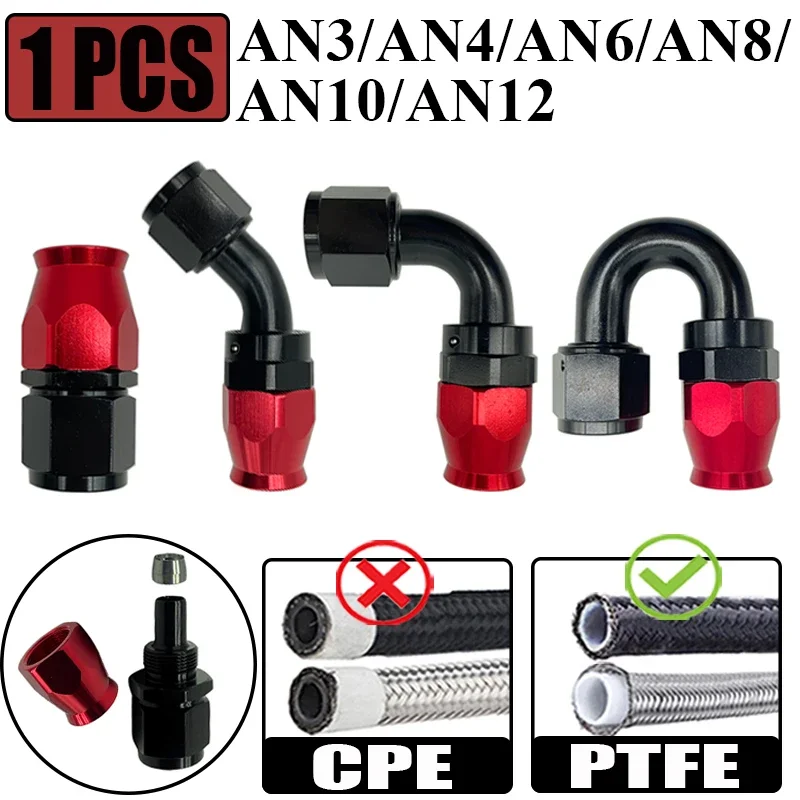 AN4 AN6 AN8 AN10 AN12 For Swivel PTFE Oil Fuel Line Hose End Fitting Straight 0°/45°/90°/180° Reusable Hose End Fitting Adapter