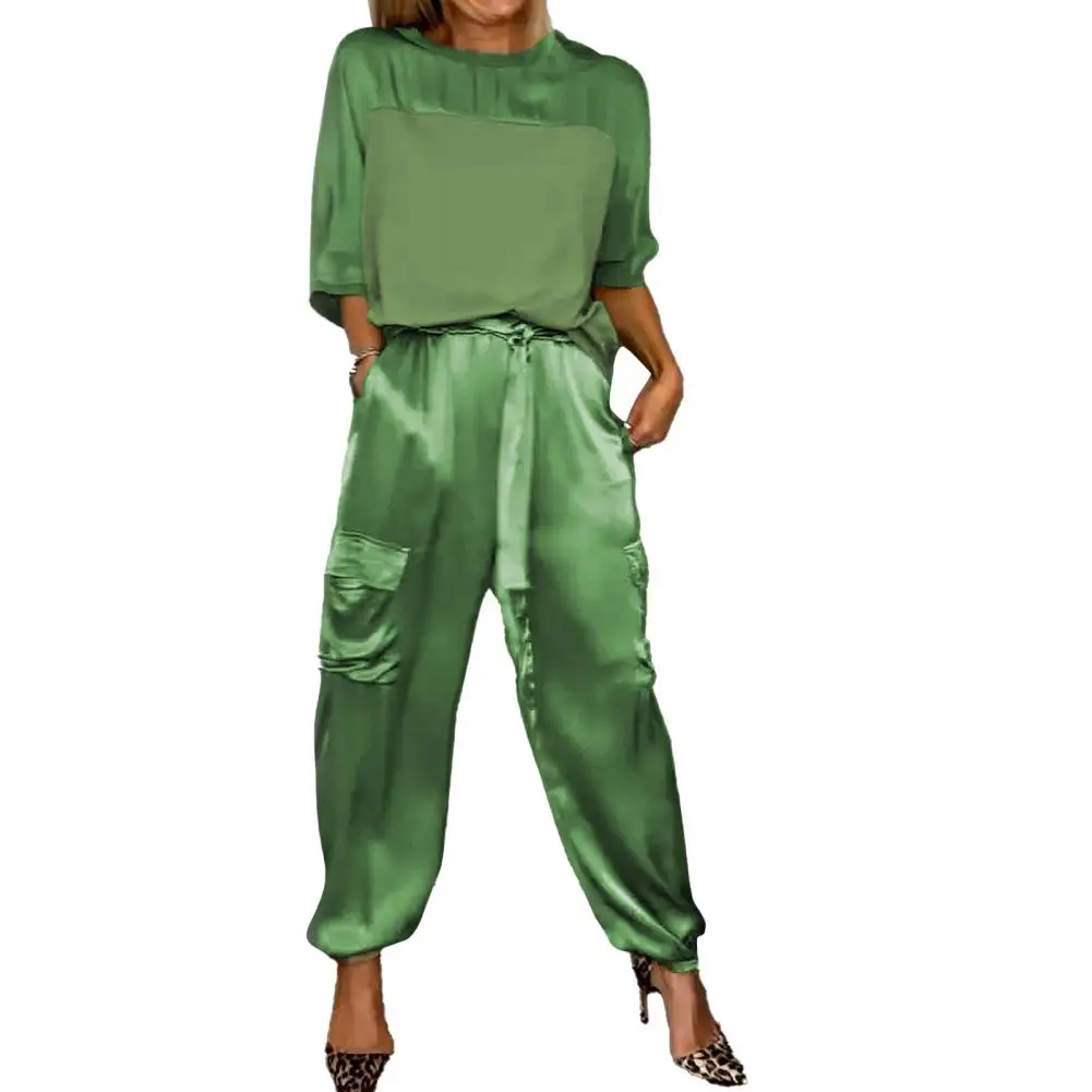 2 Pcs/Set Women Outfit Blouse Top Pants Set Satin Green Lace-up Waist Solid Color Loose Blouse Summer Women Pants Set