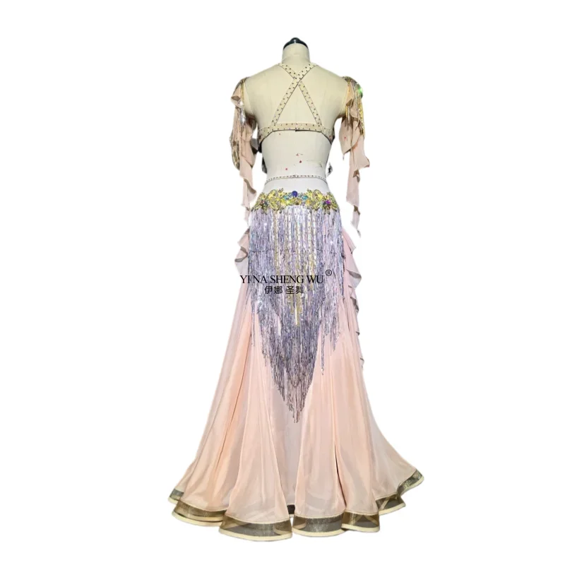 Set di gonne con nappe per reggiseno di danza del ventre con strass di lusso Set di costumi da cabaret sexy di fascia alta personalizzati per ballerini da competizione